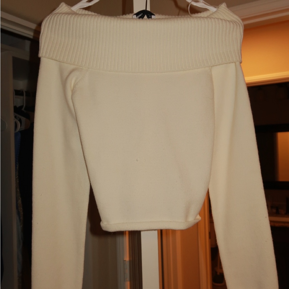 Bershka Cream Off-the-Shoulder Sweater Ribbed Knit